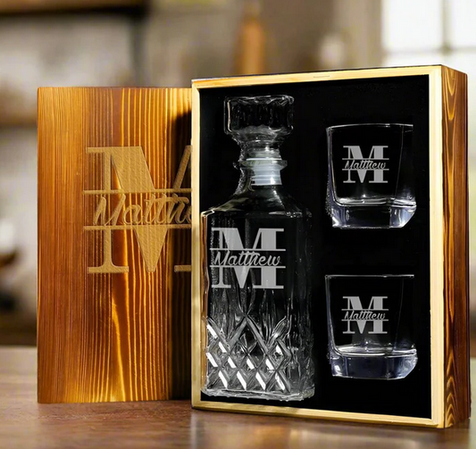 groomsmen gifts, personalized whiskey decanter set with wooden box