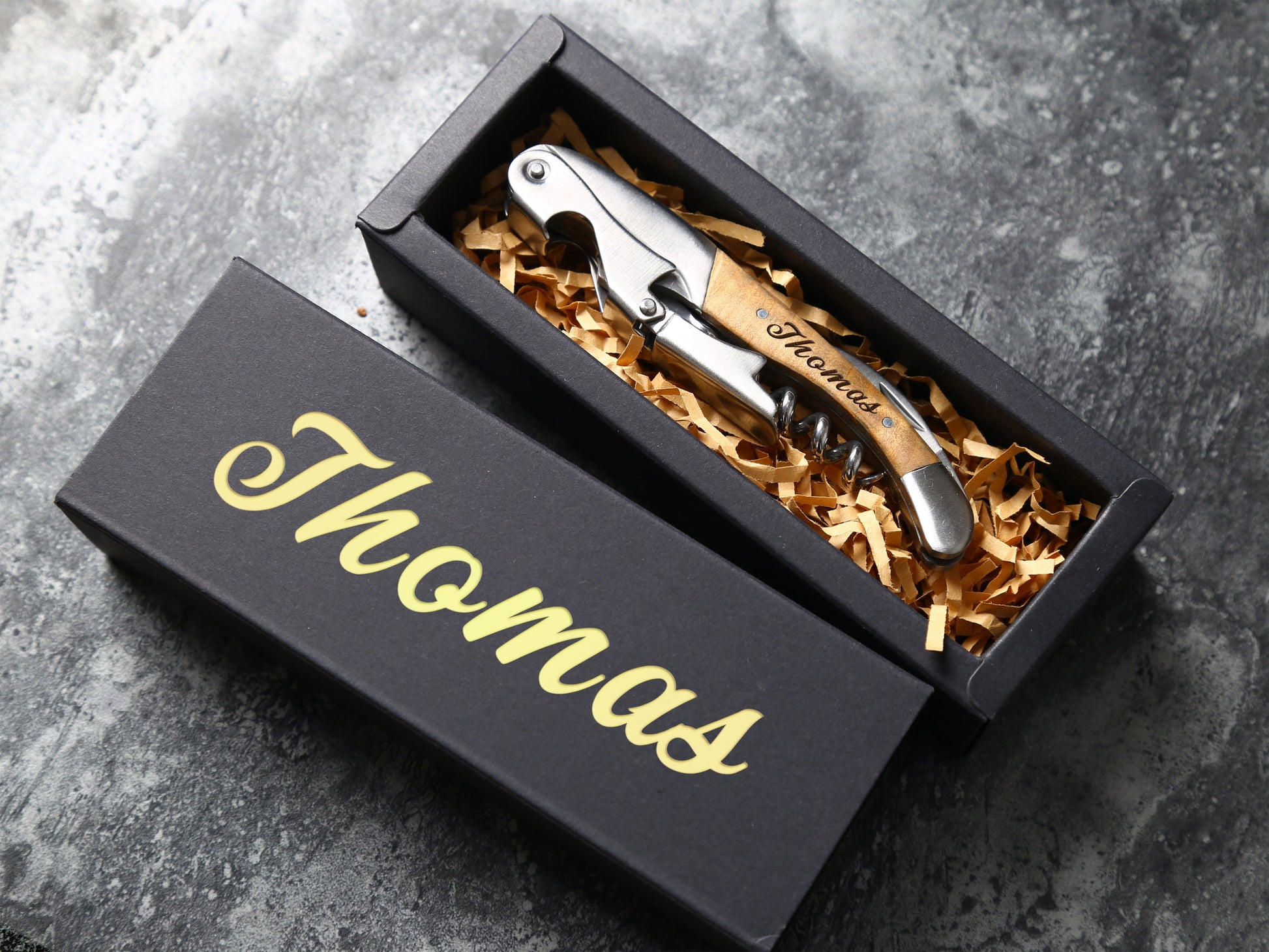 Personalized Wooden Handle Corkscrew with Black Paper Box, Gift for Men customizedgift