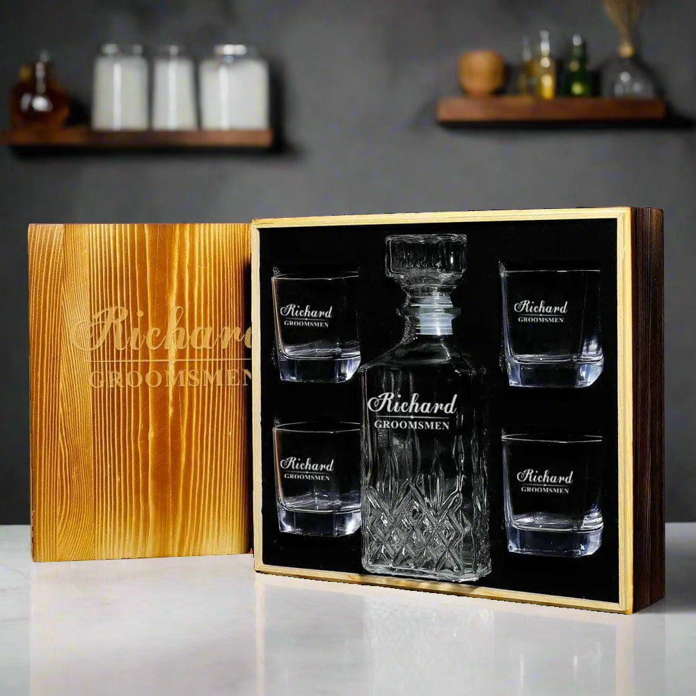 Personalized Whiskey Decanter & outlets Rocks Glasses in Black Finish Wood Box ++ Personalized Barware Gift Set ++ Groomsmen Gifts + FREE SHIPPING